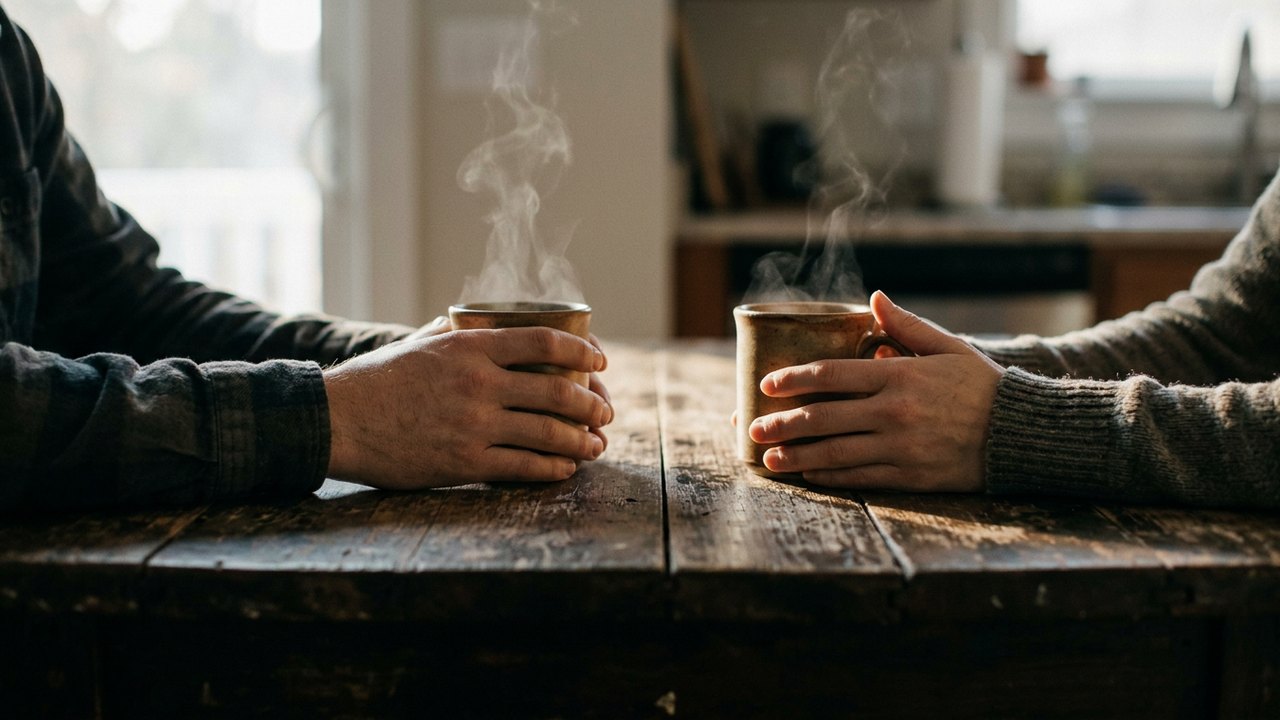 Two people across a wooden kitchen table, hands wrapped around steaming coffee mugs