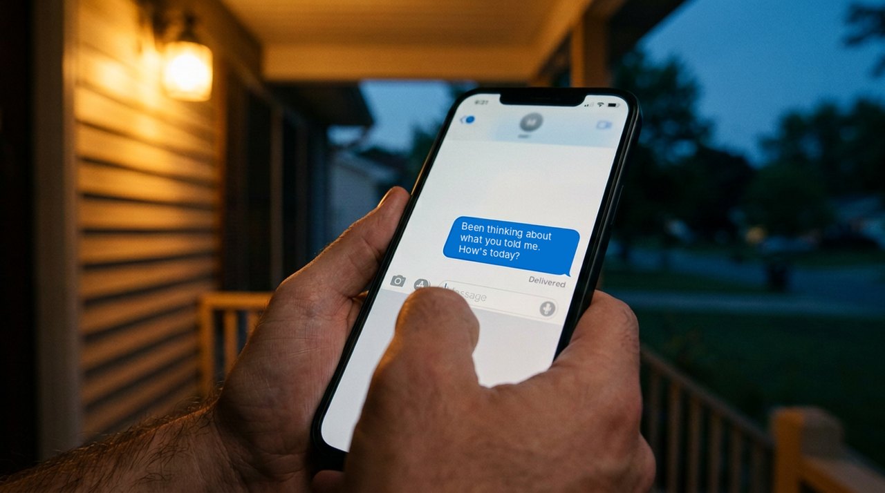 A hand holding a phone on a porch at dusk, showing a sent text: Been thinking about what you told me. How's today?