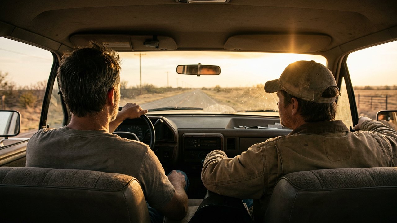Two men side by side in the front seat of a pickup truck on a Texas country road at sunset, seen from behind