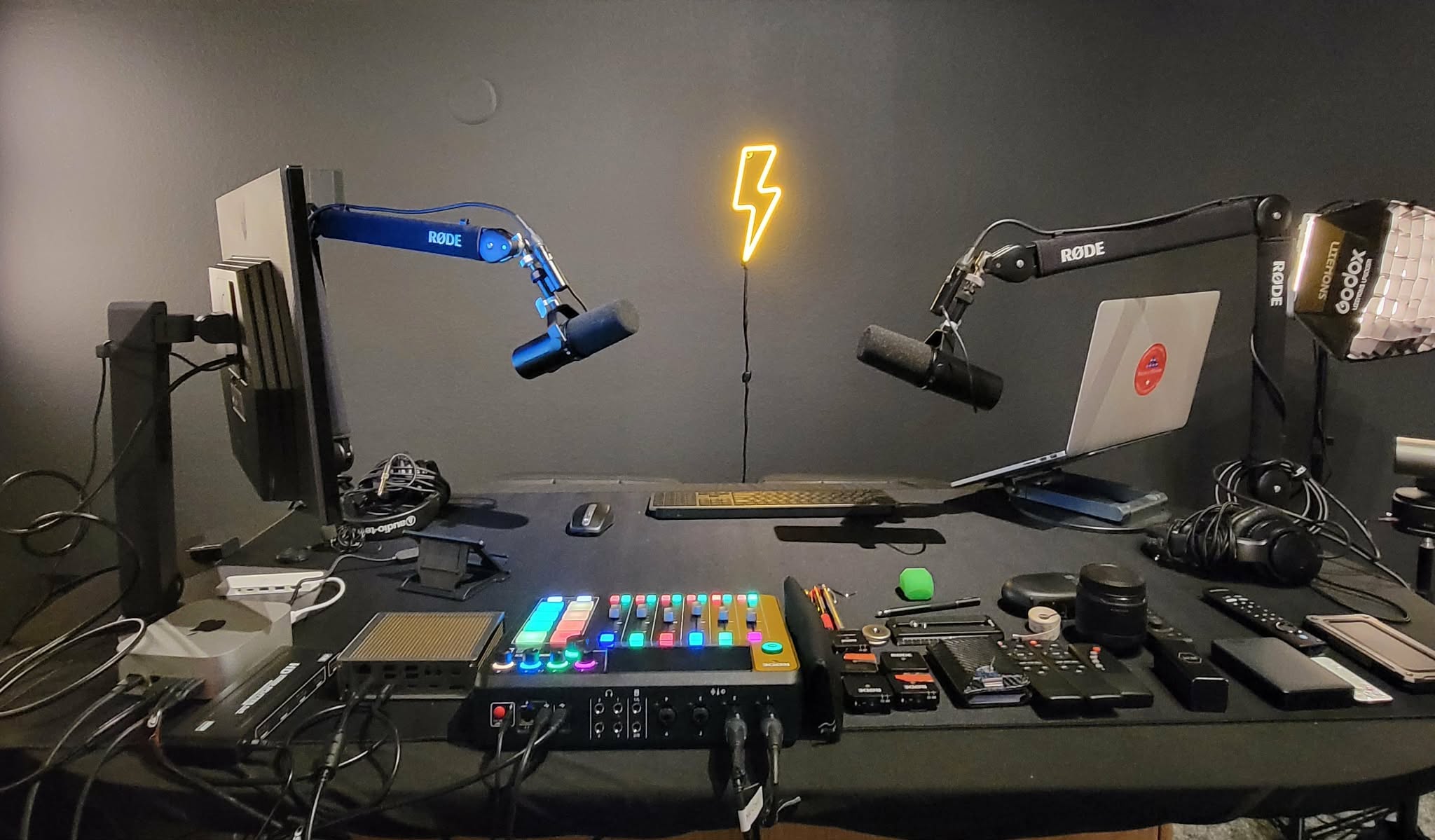 The control desk with the lightning-bolt sign